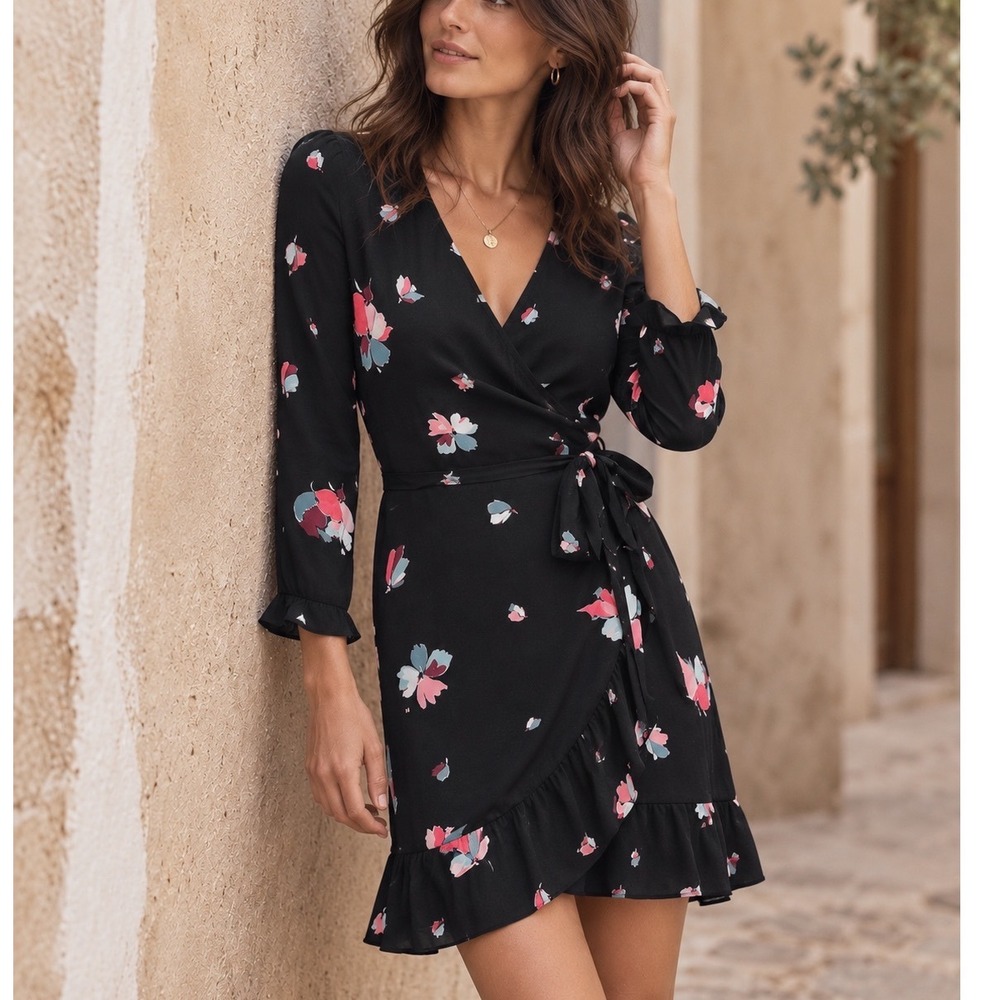 Sezane Elena Floral Wrap Mini Dress US 6 Feminine Romantic Black Ruffle